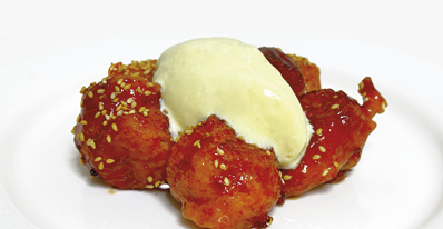 Whipped mango and coconut cream on Cantonese toffee bananas